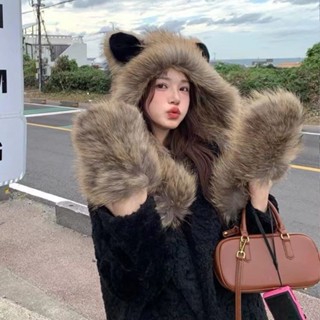 【熱銷免運】冬季新款女連帽仿狐貍毛皮草圍巾帽子一體保暖護耳ins貉子毛編織 毛線帽 針織帽 毛帽 小熊造型 可愛毛帽 冬