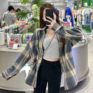 coco小姐✨美式 複古 撞色 格子 防曬 襯衫 長袖 寬鬆 薄款 翻領 襯衣 外套 修身 洋氣 外穿