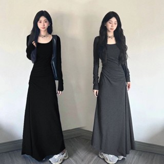 【臺灣出貨】韓國女裝 洋裝 長裙連身裙法式長袖灰色連衣裙女裝收腰顯瘦垂感長裙高階感過膝裙子秋季內搭小禮服 婚禮聚會約會裝