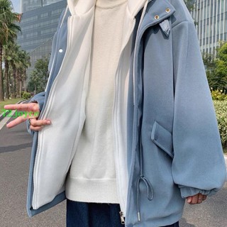 免運 保暖外套 韓版新款假兩件加絨時尚加厚外套男女秋冬季潮流ins青少年連帽毛呢風衣男
