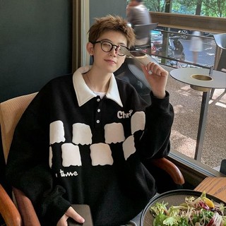 🔥臺灣熱賣🔥POLO衛衣 男 美式秋冬拚接翻領衛衣男長袖T恤潮流寬鬆情侶Polo衫美式複古加絨外套 2IEJ