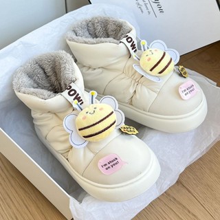 新店優惠 保暖棉鞋 可外穿 加絨加厚 冬季少女心可愛小蜜蜂麵包棉鞋保暖加絨厚底防水羽絨雪地靴女東北