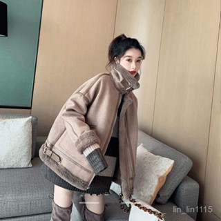 🔥皮毛一體外套女 羊羔毛棉衣外套 加絨加厚麂皮外套 復古穿搭上衣 秋冬設計感外套羊羔毛機車服外套女冬季韓係版皮毛一體麂