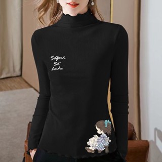 Meet.You.單件螺紋木耳邊半高領打底衫女內搭春秋新款長袖韓版印花上衣