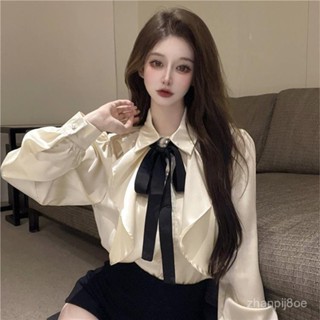 宮廷風襯衫女長袖蝴蝶結領帶翻領荷葉邊法式襯衣小眾別緻上衣秋冬 VV9V