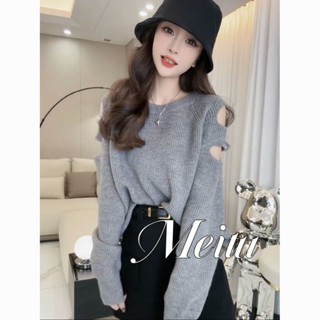 秋季時尚韓版新款寬鬆破洞露肩設計感長袖毛衣女小眾針織衫上衣MAOY~