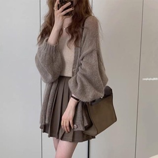 臺灣發貨🔥2024針織中長款小外套女 春秋薄款泡泡袖軟糯毛衣外套上衣寬鬆慵懶風