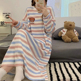 長袖睡裙 連身睡裙 春秋加長款睡衣 卡通可愛睡衣 孕𡠹胖mm睡衣 大碼寬鬆居家服 睡衣女小熊 女生睡衣 居家服 睡衣女生