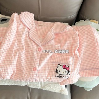 糖果屋~韓版睡衣女夏季ins卡通甜美可愛KT貓開衫短褲夏天外穿家居服套裝居家服