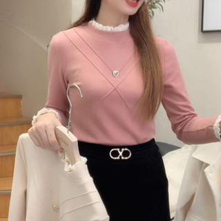 蕾絲設計雙麵德絨半高領打底衫女加絨加厚保暖新款冬季百搭修身上衣