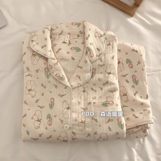 糖果屋~韓版新款空氣棉夾層睡衣女秋冬加厚甜美寬松ins卡通小碎花家居服套裝居家服