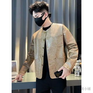夾剋外套男 男生外套 休閒外套 防風外套 韓版外套 外衣 潮牌無領機車皮衣外套男春秋季男裝短款上衣高階感休閒痞帥皮夾剋