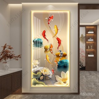 【可定製】現代簡約豎版走廊壁畫Led帶燈輕奢入戶進門九魚圖玄關裝飾畫掛畫壁畫 風水掛畫 客廳掛畫 招財掛畫 晶瓷畫壁掛畫