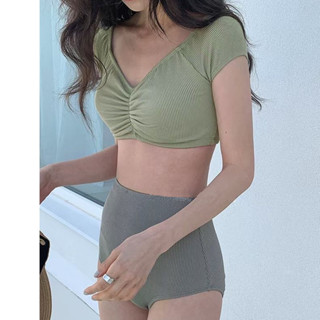【🌈乖乖YuKi精品優選】新款女生泳衣 兩件式泳衣 高腰遮肚比基尼 bikini 純色性感性感比基尼 二件式泳衣 女