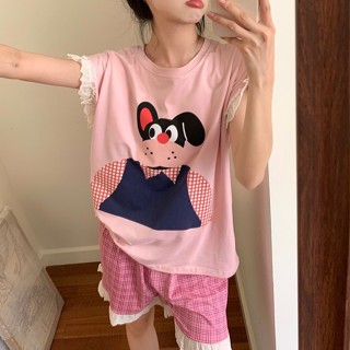 【唯家】可愛卡通小狗睡衣 甜美花邊睡衣套裝 夏季睡衣女 格子睡裙 連身睡裙 短袖 睡衣套裝 睡裙 可外穿居家服女 睡衣女
