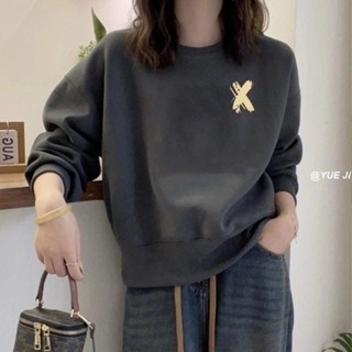 臺灣出貨✨大學T 長袖大學T 秋冬大學T 大尺碼衛衣 上衣女 歐洲站秋冬季新款加絨印花圓領上衣女女打底衫寬松遮肚