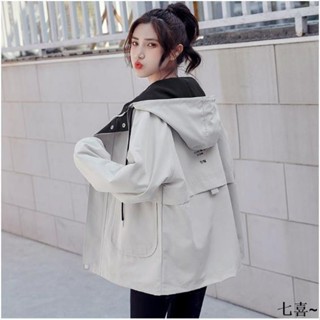 七喜服裝 【抖音精選】工裝外套少女春秋裝新款初中高中學生韓版寬松休閑薄款上衣服韓版時尚外套開衫外套連帽外套