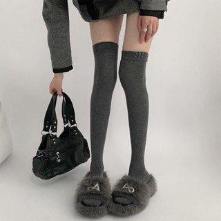 🌸臺灣出貨🌸 夜間教習室過膝長筒襪子女防滑拼接灰色高筒襪拼色加厚黑色大腿襪