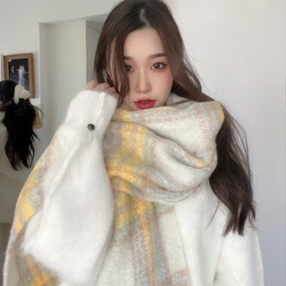 蝸居生活館🔆細長圍巾 秋冬 馬海毛格紋圍巾女韓系冬季情侶保暖百搭披肩拼色格流蘇圍脖ins風 Y2K 針織圍巾 圍脖