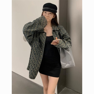 【店長推薦】美式復古 牛仔外套 秋季女裝 百搭寬鬆 印花夾克 外套 長袖 紐扣做舊 韓版女裝 法式洋裝 韓系