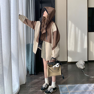 【店長推薦】撞色外套 秋冬女裝 寬鬆 休閒 顯瘦 拼接 小個子女裝 高領連帽 風衣 長袖 拉鏈 韓版女裝 上衣