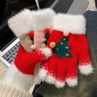 【免運】聖誕節裝扮 聖誕節手套 雪花聖誕樹手套女 冬季露指可觸屏加絨加厚保暖毛茸茸學生騎行騎車保暖加厚手套