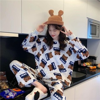 秋冬季睡衣女 長袖珊瑚絨加厚刷毛睡衣套裝學生 冬天法蘭絨睡衣女 加大尺碼家居服套裝 保暖睡衣 加厚加大女士睡衣
