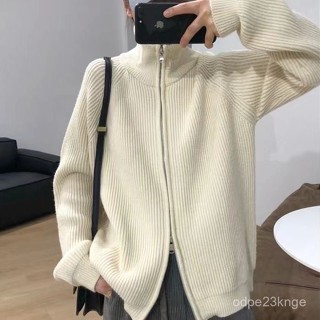 【Shopping】毛衣針織衫 女 學院風 翻領 雙拉鏈 紋理 毛衣外套 女學生 韓版 春秋季寬鬆百搭針織開衫