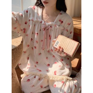 Lam 睡衣 居家服冬季加厚珊瑚絨睡衣女公主風甜美蕾絲邊保暖長袖法蘭絨家居服套裝