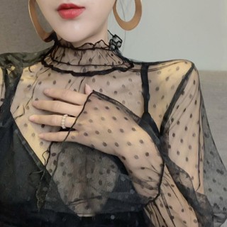 Lam 內搭衣 打底衫 上衣 蕾絲上衣半高領雪紡衫女早秋新款蕾絲內搭打底襯衫鏤空花邊時尚長袖上衣潮