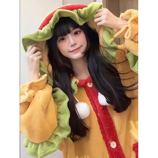 蝸居生活館🔆珊瑚絨睡衣 套裝 秋冬款珊瑚絨睡衣女可愛薯條漢堡包冬季加絨加厚法蘭絨家居服睡袍 睡袍 居家服