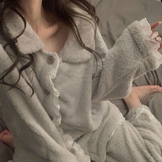 居家服 睡衣💕珊瑚絨睡衣女冬季ins網紅甜美開衫蕾絲加厚法蘭絨少女家居服套裝