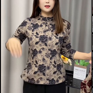 冬季新款洋氣上衣加絨加厚媽媽打底顯瘦休閒上衣秋冬保暖高檔長袖打底衫女秋天女裝