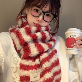 Lam 圍巾 絲巾 披肩紅色條紋軟糯針織圍巾女2024年秋冬季韓系氛圍感百搭加厚保暖圍脖