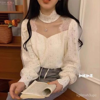 【BBUI】加絨加厚蕾絲打底衫女2024秋冬新款設計感洋氣半高領網紗拚接小衫 G1BK