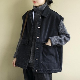 【Sweet Oversize】春夏新款複古文藝大碼寬鬆百搭休閒背心外套單排扣薄款牛仔馬夾女