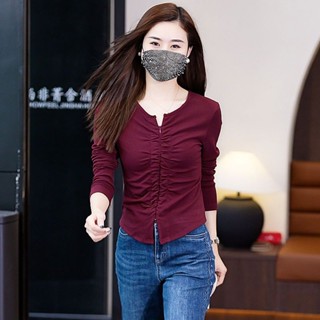(臺灣出貨)SY德絨長袖打底衫女秋冬長袖T恤修身拉鍊抽褶長袖上衣洋氣減齡彈力小衫V領上衣短款上衣