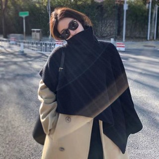 2025新款📣高領不規則套頭毛衣鬥篷披肩女秋冬外塔黑色脖套毛綫針織圍巾圍脖 A4PF