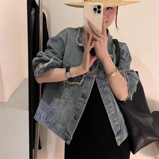 【Sweet Oversize】港味複古設計感毛邊牛仔外套女2023春季新款寬鬆休閒bf風時髦上衣