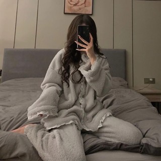 🚚新品特價🚚【精選】睡衣 睡袍 長袖 睡袍珊瑚絨睡衣女冬季加厚INS風法蘭絨網紅小香風蕾絲少女家居服