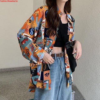 花襯衫 開衫 復古襯衫 襯衫 復古港風襯衫女夏天薄款外穿百搭防曬襯衣港味印花秋裝長袖上衣服 表演服 街舞服飾舞臺服舞蹈服