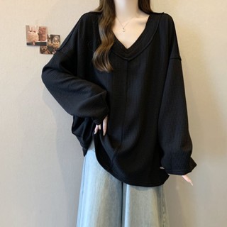 免運🔸大尺碼坑條設計感V領長袖上衣女2024秋季新款寬鬆顯瘦時尚打底t恤女
