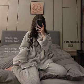 秋冬睡衣👗 珊瑚絨睡衣女冬季ins網紅甜美開衫蕾絲加厚法蘭絨少女家居服套裝