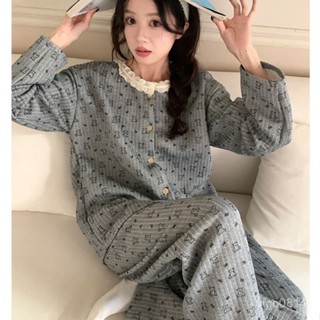 💯桃園有貨🚚韓版ins蕾絲圓領小熊睡衣女 甜美空氣棉加厚學生長袖睡衣 可外穿家居服 春季薄款睡衣 居家睡衣 睡衣套裝女