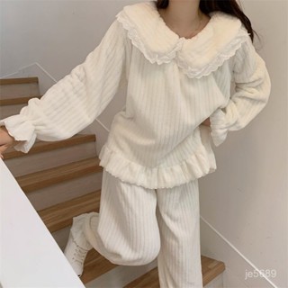 冬季居家服 娃娃領毛毛睡衣 刷毛 家居服 刷毛 珊瑚絨睡衣女冬季ins網紅甜美蕾絲加厚法蘭絨少女家居服套裝 CBAU