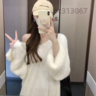 臺灣免運出貨★白色水貂絨毛衣女慵懶風中長款寬鬆顯瘦針織衫