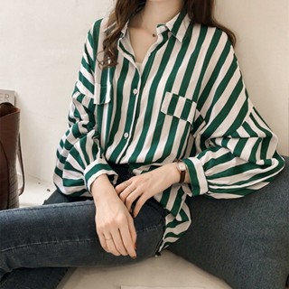 【免運出貨】女裝新款2024港味寬鬆大尺碼bf條紋襯衫 女長袖chic上衣薄款外套
