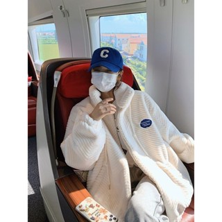 see 外套女 保暖外套 加絨加厚外套 女生上衣 秋冬新款學生韓版寬松百搭立領仿兔毛皮草羊羔毛水貂絨加厚外套女