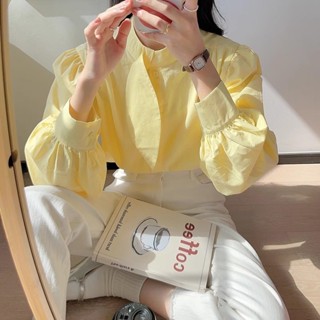 【免運】甜美清新糖果色奶黃色泡泡袖立領襯衫女春秋季新款時尚百搭洋氣減齡薄款上衣設計感白襯衣韓版潮i