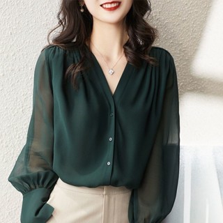 【免運】法式優雅V領設計感長袖襯衣女春秋季新款高階感颯爽利落上衣氣質名媛寬鬆顯瘦雪紡襯衫韓版